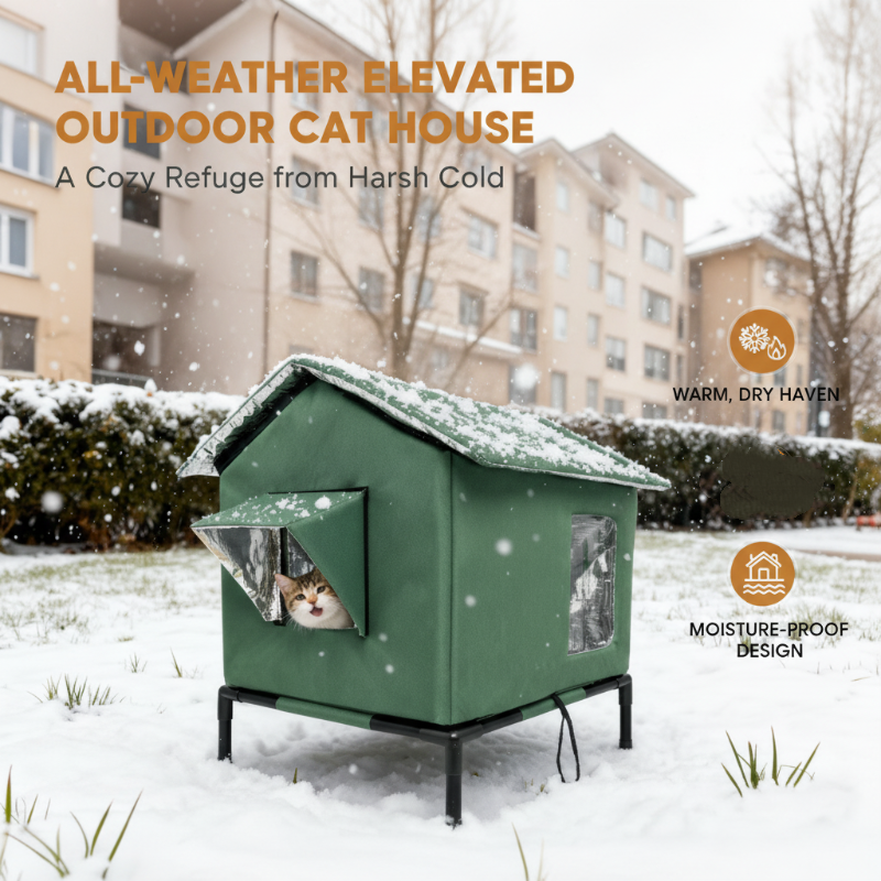 🐈 All-Weather Elevated Outdoor Cat House – Waterproof Oxford Cloth, Thermal Aluminum Lining & Foldable Design 🌧️
