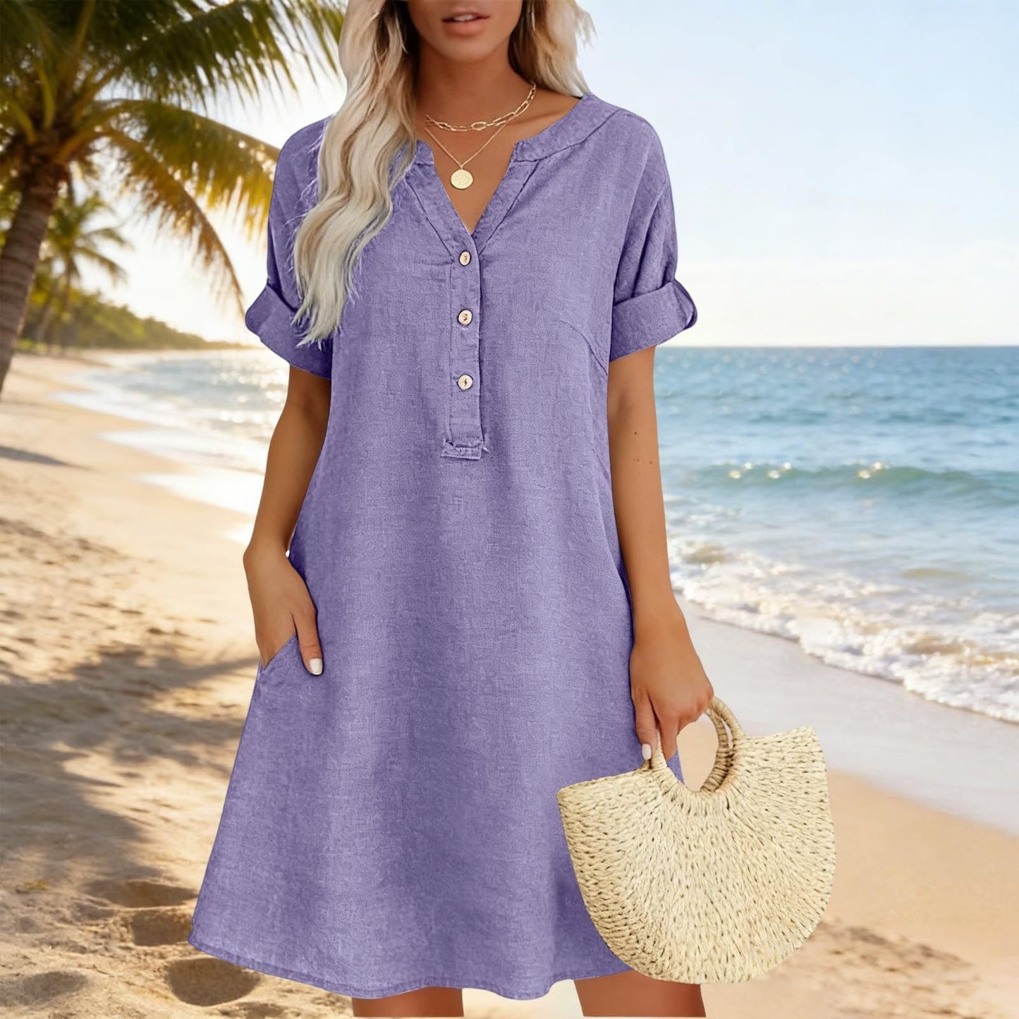 👗Women's V-Neck Tunic Dress – Relaxed Fit, Pockets & Breathable
