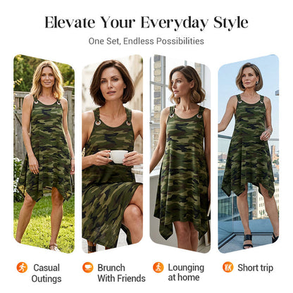 👗✨ Sleeveless Camouflage Dress – Asymmetrical Hem, Edgy Style, Unique