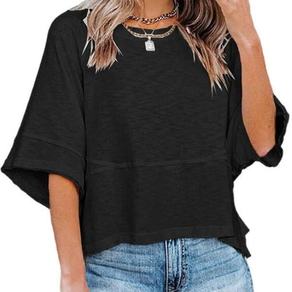 ✨Women's Solid Color Splicing Loose Five Points Flare Sleeve T-Shirt