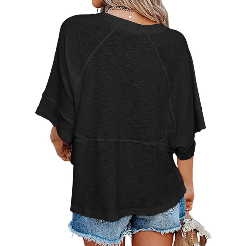 ✨Women's Solid Color Splicing Loose Five Points Flare Sleeve T-Shirt