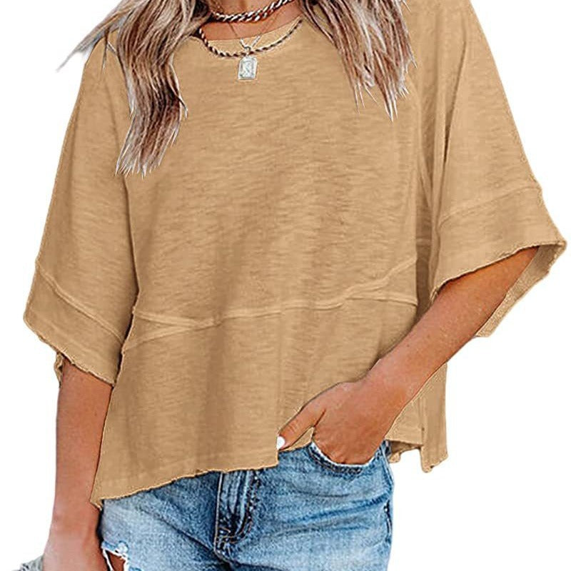 ✨Women's Solid Color Splicing Loose Five Points Flare Sleeve T-Shirt