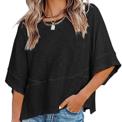 ✨Women's Solid Color Splicing Loose Five Points Flare Sleeve T-Shirt