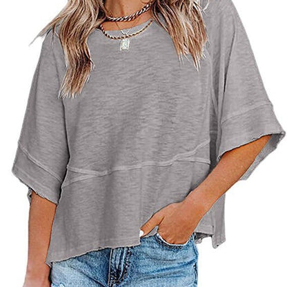 ✨Women's Solid Color Splicing Loose Five Points Flare Sleeve T-Shirt