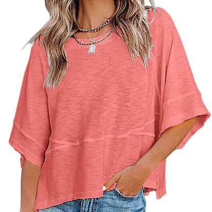 ✨Women's Solid Color Splicing Loose Five Points Flare Sleeve T-Shirt