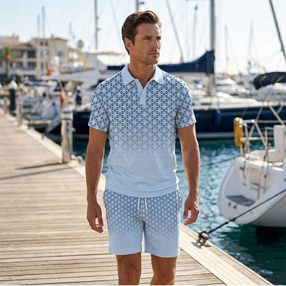 👕 Men's Geometric Print Collared Top & Shorts Set – Modern Pattern & Breathable Coordinated Look 🔷