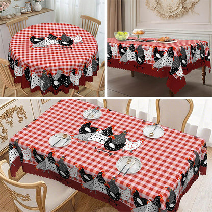 🐓 Farmhouse Rooster Tablecloth – Red Buffalo Plaid Chicken Table Cover, Spill Proof & Scalloped Lace Edge ✨