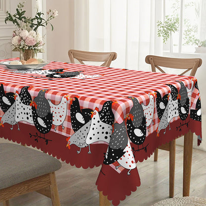 🐓 Farmhouse Rooster Tablecloth – Red Buffalo Plaid Chicken Table Cover, Spill Proof & Scalloped Lace Edge ✨