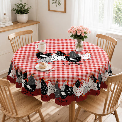 🐓 Farmhouse Rooster Tablecloth – Red Buffalo Plaid Chicken Table Cover, Spill Proof & Scalloped Lace Edge ✨