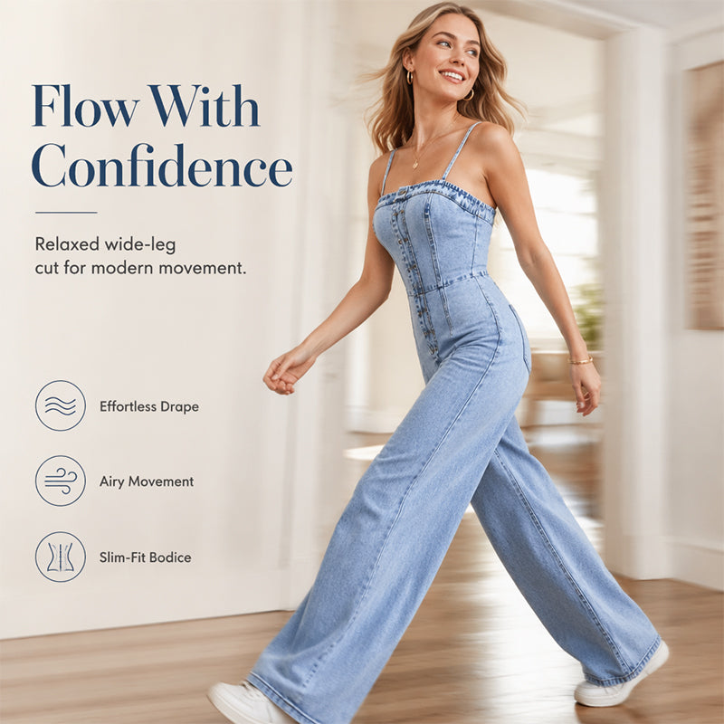 💞 Women Spaghetti Strap Wide Leg Denim Jumpsuit👖