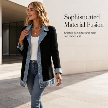 Women’s Elegant Denim Spliced Ribbed Knit Coat