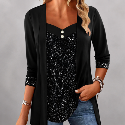 ✨👚Mock Layered Top with Sequin Detail – Eye-Catching Shine & Versatile Wear for Any Occasion