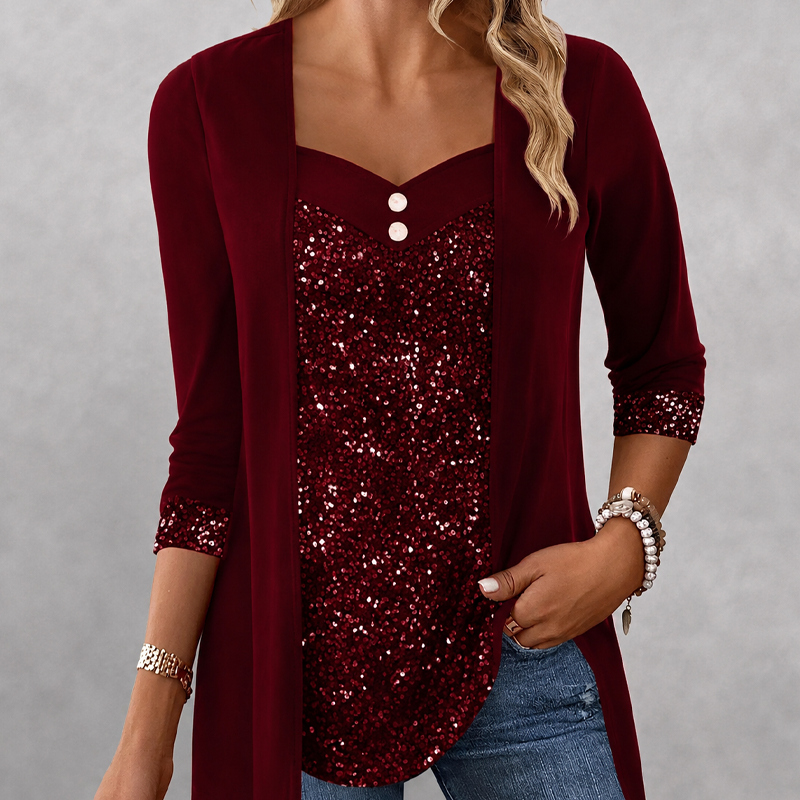 ✨👚Mock Layered Top with Sequin Detail – Eye-Catching Shine & Versatile Wear for Any Occasion