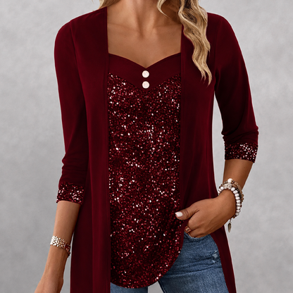 ✨👚Mock Layered Top with Sequin Detail – Eye-Catching Shine & Versatile Wear for Any Occasion
