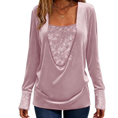 Women's Sequin Patchwork Long Sleeve Top