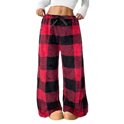 ☁️ Cozy Everyday Comfort | Women's Plush Plaid Wide-Leg Pants