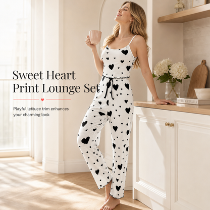💖Womens 2 Piece Ribbed Pajama Set Heart Print Camisole Top and Long Pants Loungewear