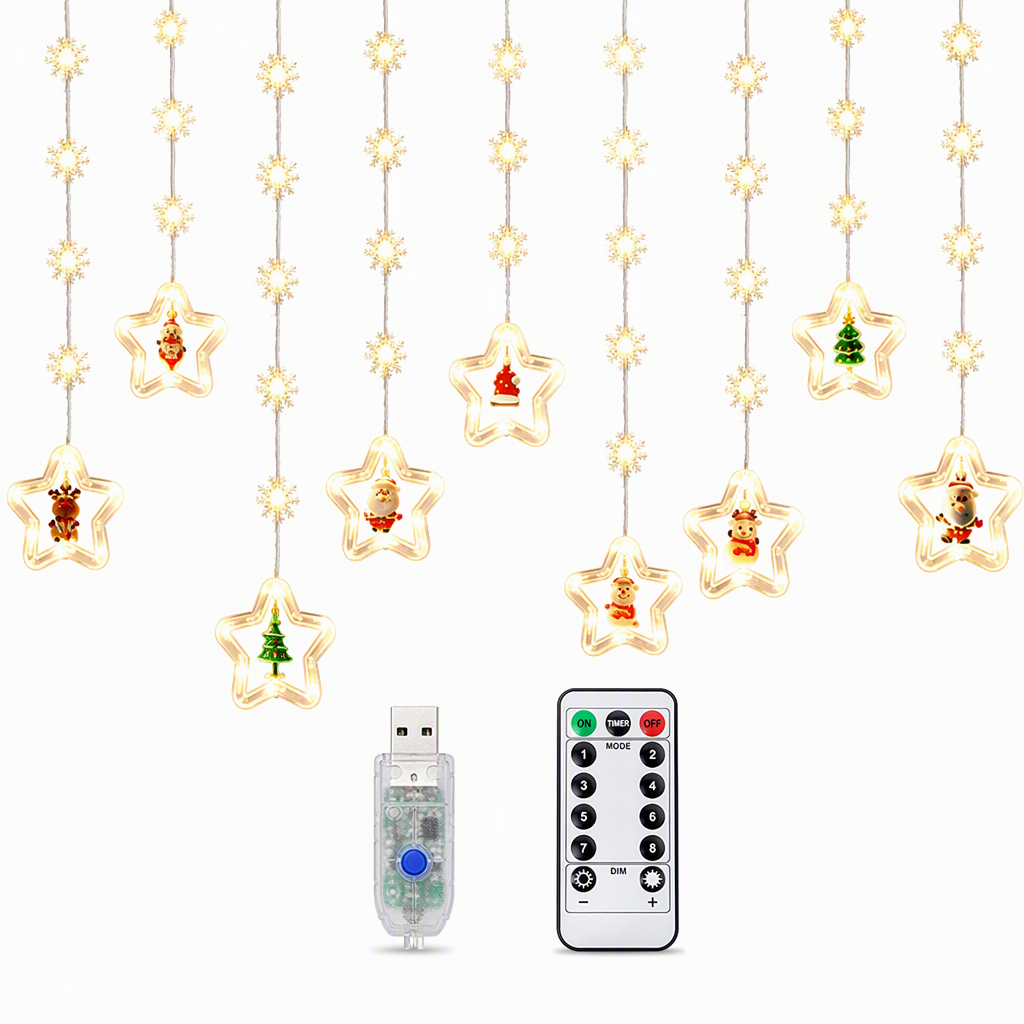 LED Christmas Icicle String Lights USB Powered Star and Christmas Tree Ring Hanging Lights for Holiday Window Decoration