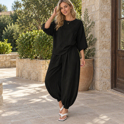 Women's Textured Batwing Sleeve Top & Lantern Pants Set