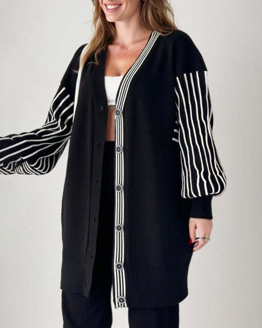 Balloon Sleeve Striped Knitwear Cardigan & Pants Two-piece Set